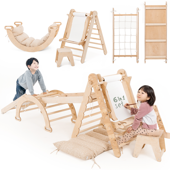6-in-1 モンテッソーリクライミングフレーム（ピクラートライアングル・クライミングアーチ・滑り台ボード・ネット・クッション・お絵かきボード）