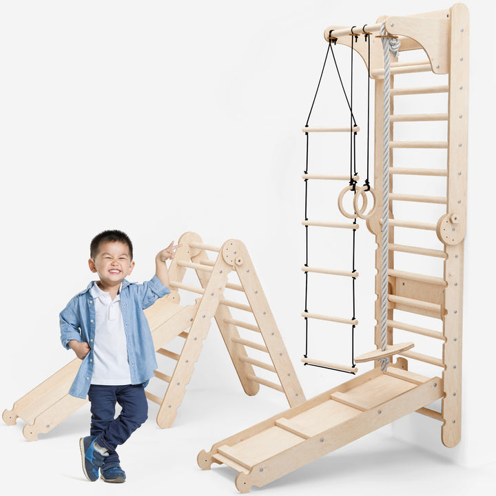 6-in-1 お子様向けスウェーデンラダー (ピクラートライアングル・滑り台・ブランコ・お絵描きボード）