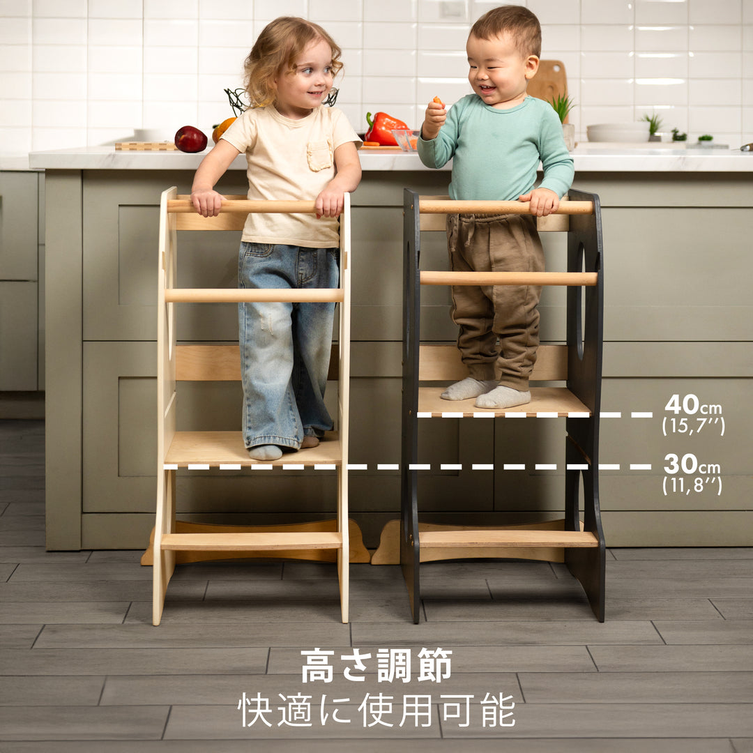 頑丈なモンテッソーリラーニングタワー・木製成長チェア（切り込みハンドル付き）ホワイト