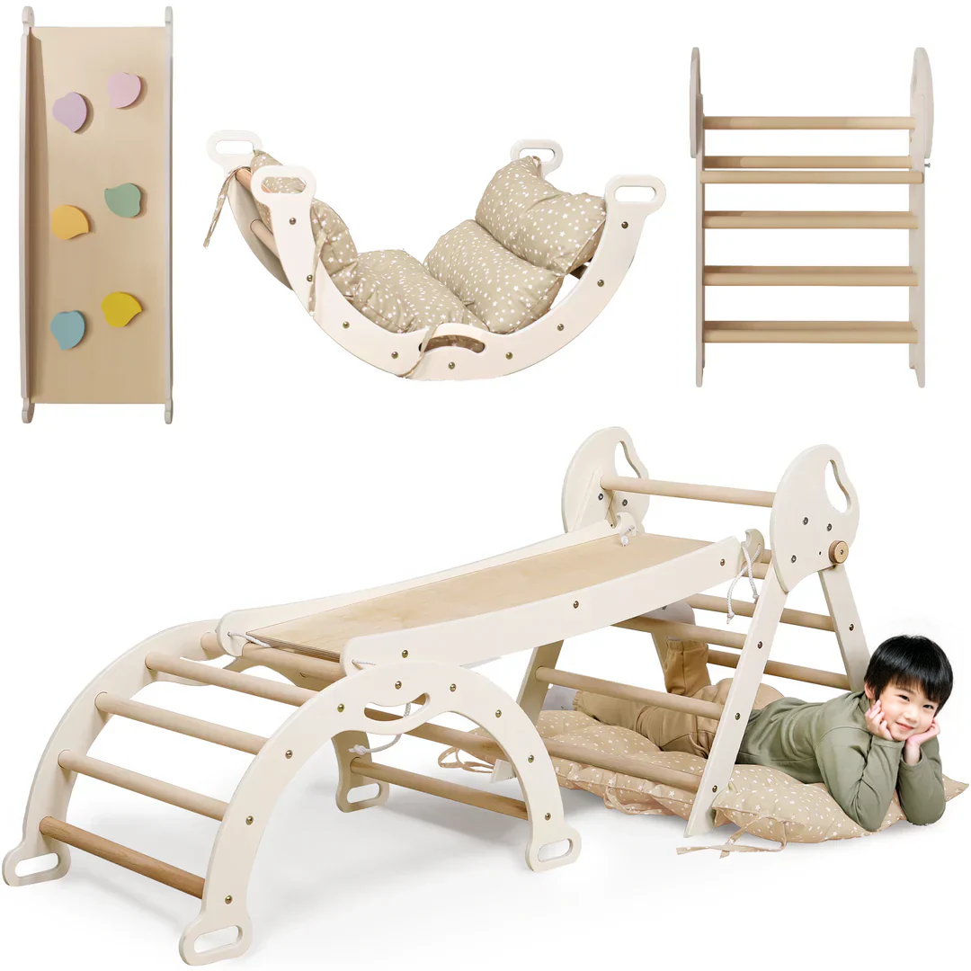 4-in-1 幼児（１〜３歳）向けモンテッソーリクライミングフレーム　（ピクラートライアングル・アーチ・滑り台ボード・クッション）– アイボリー