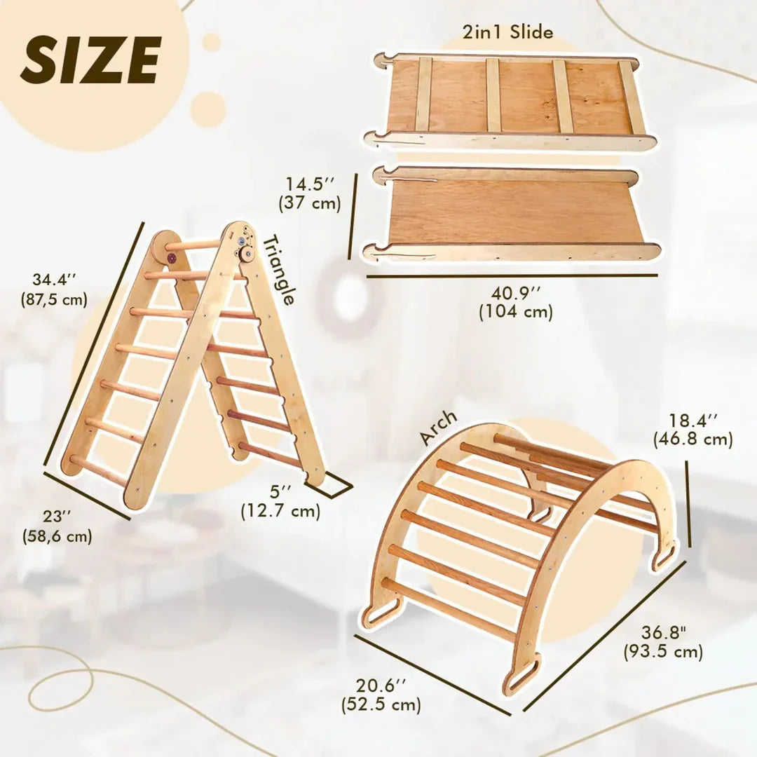 4-in-1 モンテッソーリクライミングセット（トライアングルラダー・クライミングアーチ・滑り台ボード・クッション）　ベージュ