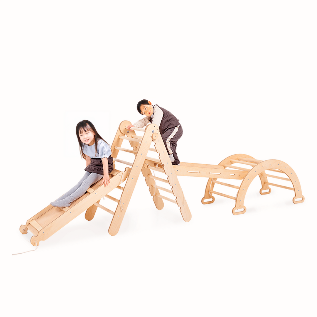 4-in-1 モンテッソーリクライミングフレーム（ピクラートライアングル・クライミングアーチ・滑り台ボード・ネット）　ベージュ