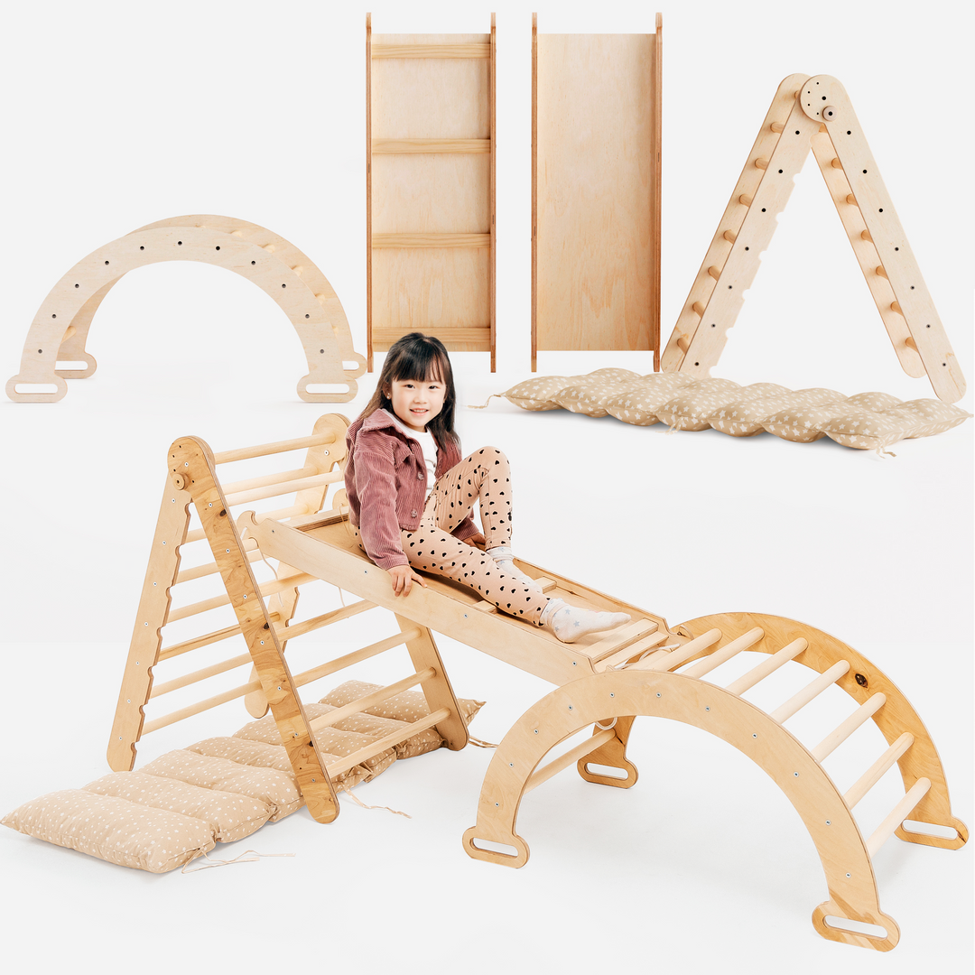 4-in-1 モンテッソーリクライミングセット（トライアングルラダー・クライミングアーチ・滑り台ボード・クッション）　ベージュ