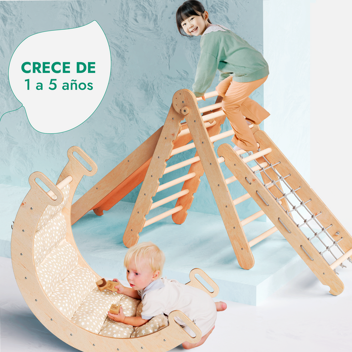 5-in-1 モンテッソーリクライミングフレーム（ピクラートライアングル・アーチ・ロッキングおもちゃ・滑り台ボード・スロープ・ロープネット・クッション）