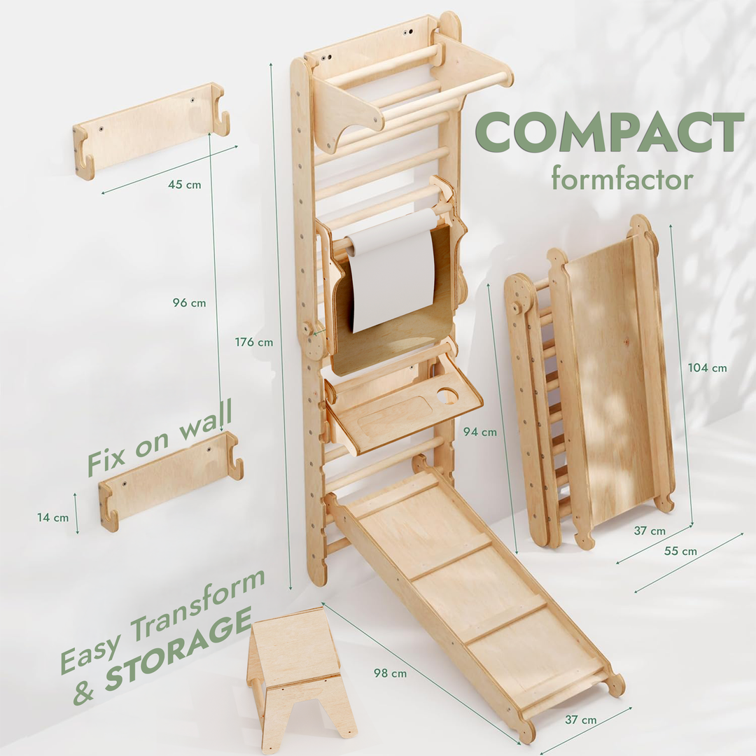 5-in-1 お子様向け スウェーデンラダー (ピクラートライアングル・滑り台・ブランコ・お絵かきボード)
