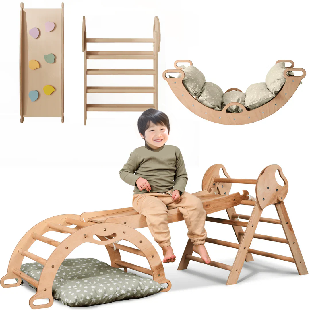 4-in-1 幼児（１〜３歳）向けモンテッソーリクライミングフレーム　（ピクラートライアングル・アーチ・滑り台ボード・クッション）– ベージュ